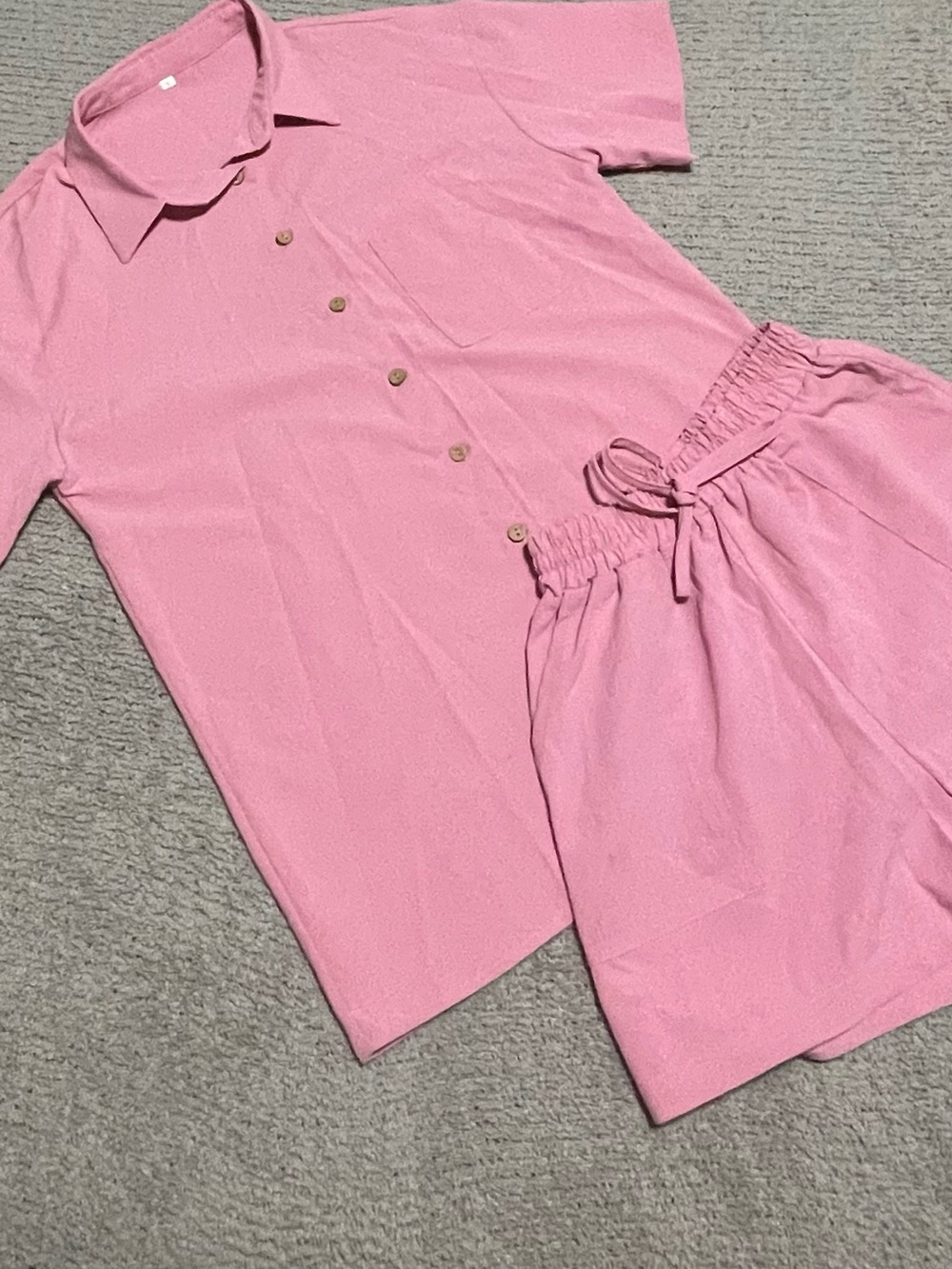 Pink Short Sleeve Button-Up Top & Elastic Waist Shorts Set